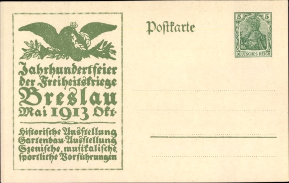 Briefpapier ansichtkaart Wrocław Breslau Silezië, eeuwfeest 1913, bevrijdingsoorlogen