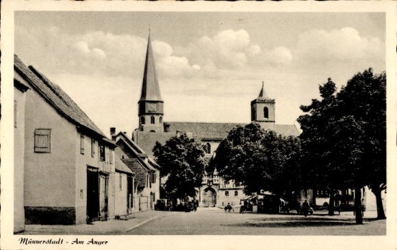 Postcard Münnerstadt in Lower Franconia Bavaria, part of the Anger, church