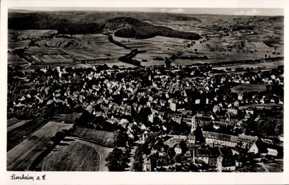 Postcard Sinsheim in Baden, aerial view of Sinsheim, houses, fields, hills
