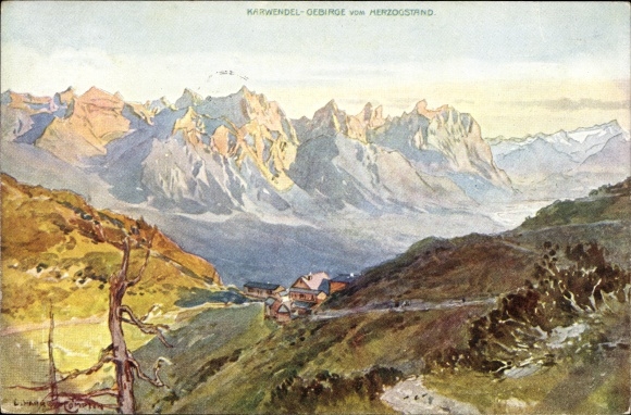 Kunstenaarskaart Compton, Edward Harrison, Mittenwald in Opper-Beieren, Karwendelgebergte vanaf de Herzogstand