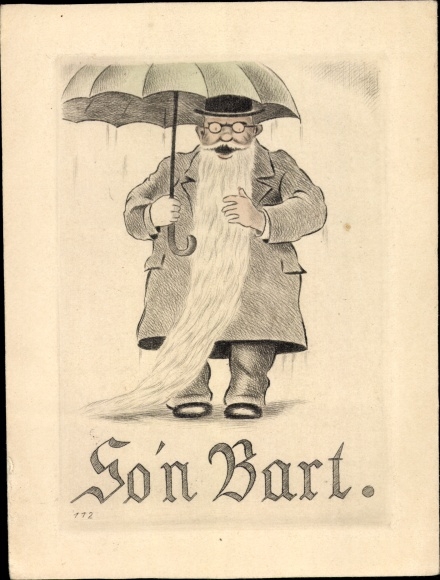 Postcard So'n Bart, man with a long beard and an umbrella
