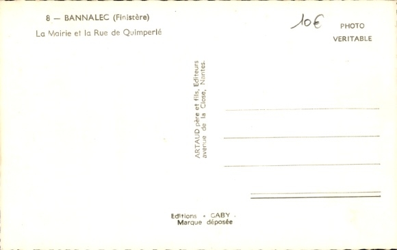 KP Bannalec Finistère, widok na miasto z ulicami i budynkami, Mairie of Quimperlé, styl vintage