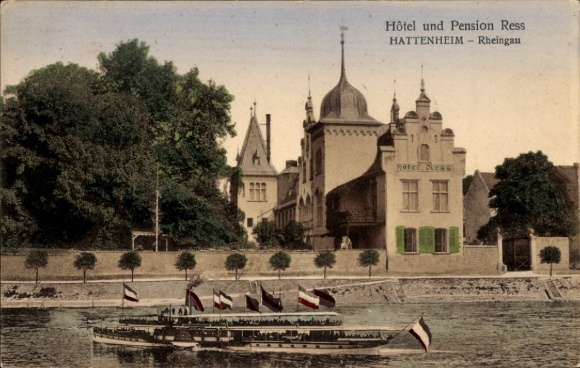 Postcard Hattenheim Eltville am Rhein Hesse, Hôtel and Pension Ress, Rhine, boat with flags, trees