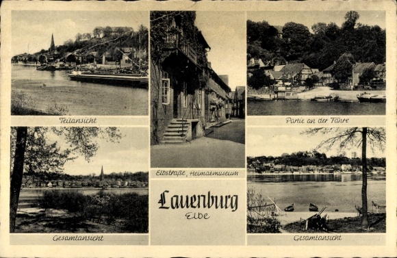 Postcard Lauenburg on the Elbe, view with several views, harbor, Elbstraße, local history museum, Lauenb