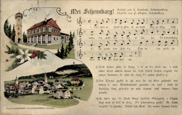 Ak Scheibenberg im Erzgebirge, Vorderseite mit Landschaft, Gedicht, Gebäude, Musiknoten, Blume...