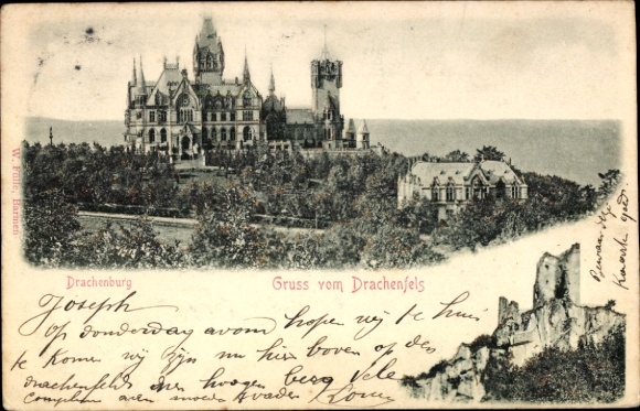 Ak Königswinter am Rhein, Drachenfels, Drachenburg, Gruss vom  Landschaft mit Burg, Text in Niede