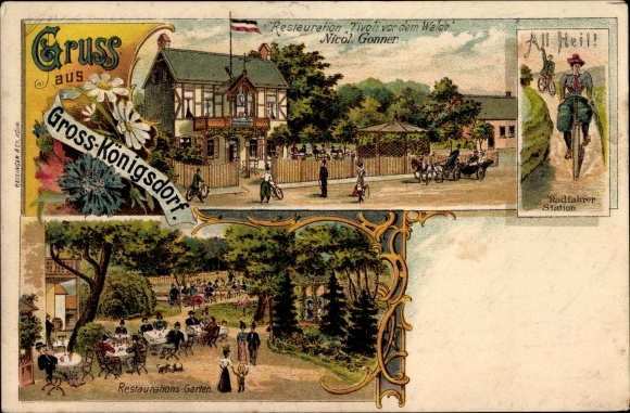 Chromo-Litho Großkönigsdorf Königsdorf Frechen, cyclists, restoration Tivoli in front of the forest