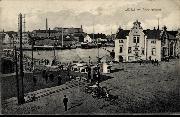 Postcard Liepaja Libau Latvia, workers' house, tram
