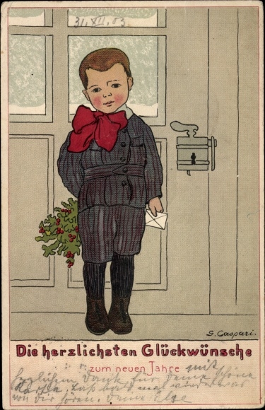 Artist AK Caspari, G., Happy New Year, boy with branches and a letter