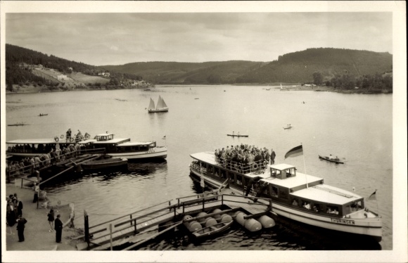 PC Saalburg Ebersdorf in Thuringia, saloon steamer Thuringia, landing stage, sailing boats