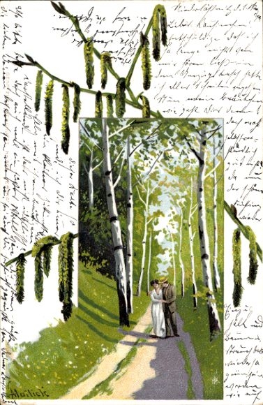 Artist Chromo-Litho Mailick, Couple in a birch avenue