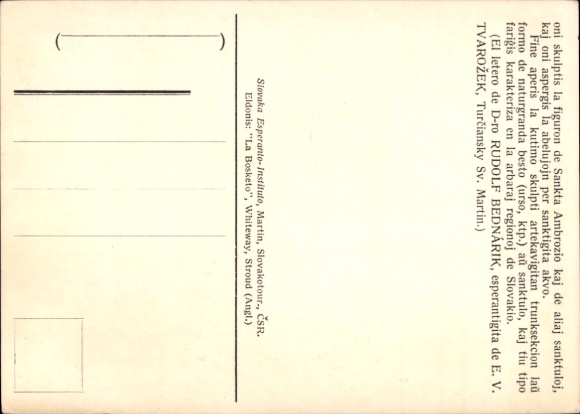 Postcard Esperanto, Karta Enciklopedio, Abelujo, Slovakio, Skulptita trunkabelujo