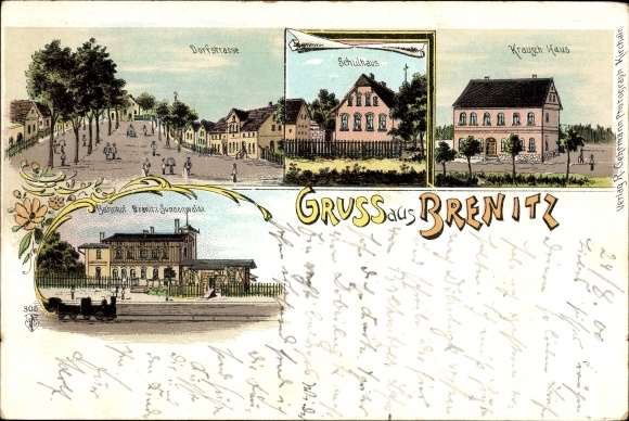 Chromo-Litho Brenitz Sonnewalde Brandenburg, Krausch house, school house, village street, train station