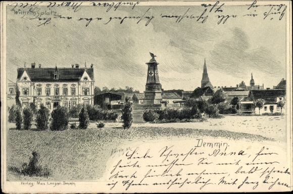 Kunstenaarskaart Demmin in West-Pommeren, Wilhelmsplatz, oorlogsmonument
