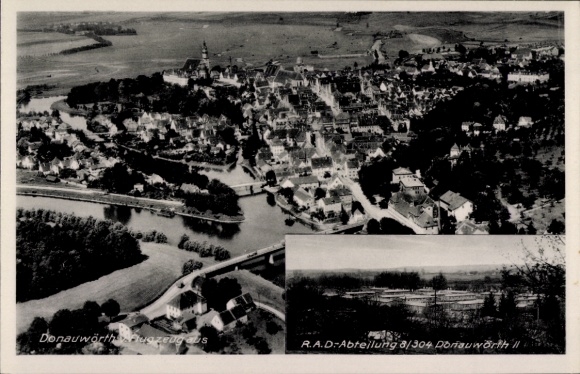 Postcard Donauwörth in Swabia, Reich Labor Service Department 8/304, aerial photograph