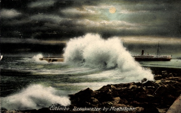 Ak Colombo Ceylon Sri Lanka, Breakwater by Moonlight