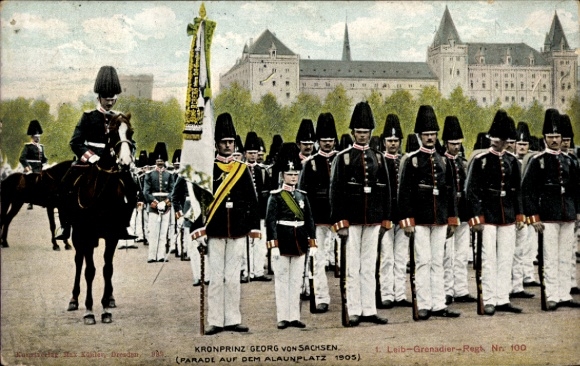 Ak Kronprinz Georg von Sachsen, Alaunplatz 1905, Parade 1. Leib Grenadier Regiment Nr. 100