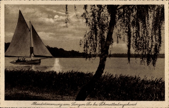 Ak Berlin Köpenick, Restaurant Schmetterlingshorst am Langen See, Abendstimmung, Segelboot