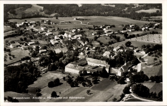 Postcard Wessobrunn in Upper Bavaria, monastery and parish church with Roman tower, aerial photograph