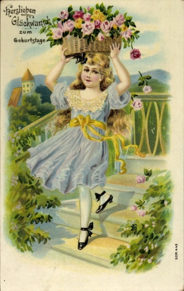 Postcard Girl with Roses in a Basket