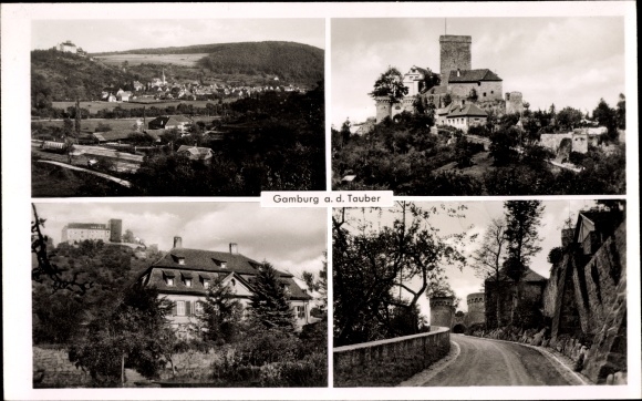 Postcard Gamburg Werbach an der Tauber, old castle, total view, access to the castle, view of the mountain