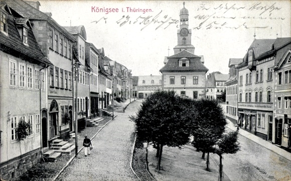 Postcard Königsee in Thuringia, town view with market square, buildings, church tower, trees