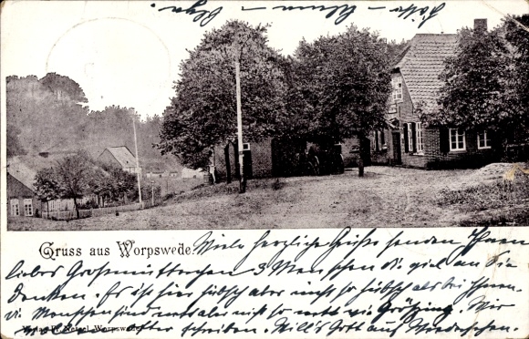 PC Worpswede in Lower Saxony, landscape photograph with houses, trees, path, handwritten...
