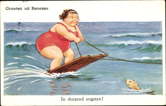 Artist Postcard Wills, John, Renesse Zeeland, fat woman in swimsuit, water skis, fish