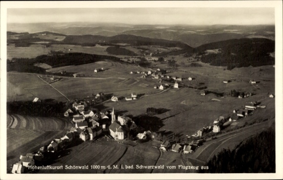 Postcard Schönwald in the Black Forest, aerial photograph of the town with surroundings, church