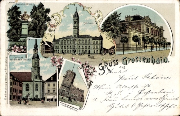 litho Großenhain in Saksen, Bismarck-monument, postkantoor, stadhuis, kerk, Kaiser-Wilhelm-monument