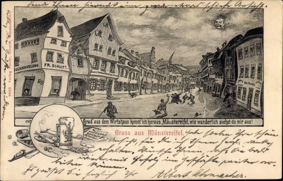 Postcard Bad Münstereifel in North Rhine-Westphalia, degrees from the tavern, drunks