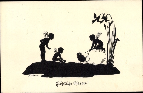 Paper cutting artist Postcard Forck, E., congratulations Easter, chick, eggshell, children