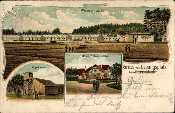 Postcard Griesheim in Hesse, military training area, Wellblechhausen, officers&#39; breakfast restaurant