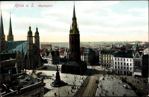 Ak Halle an der Saale, uitzicht op het marktplein, kerk, monument