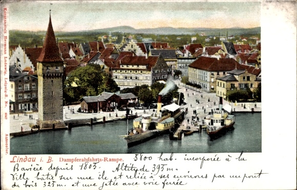 Ak Lindau am Bodensee Schwaben, Lindau i. B., Dampferabfahrts-Rampe, Hafen, Schiffe, Stadtansicht