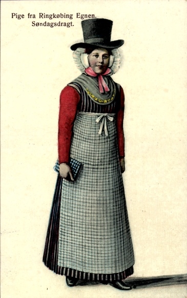 Postcard Pige fra Ringkøbing Egnen, Søndagsdragt, woman in traditional costume