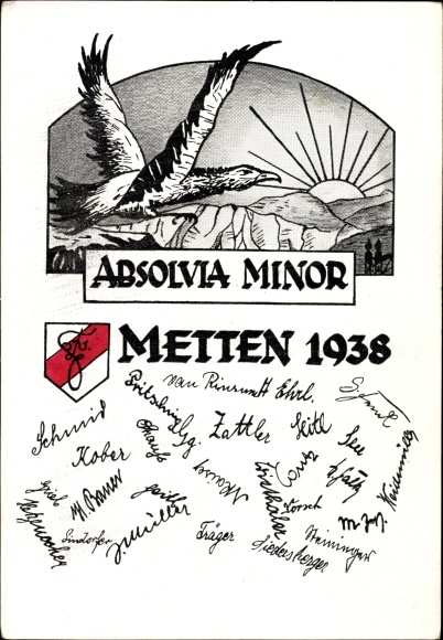 Studentika Künstler Ak Metten in der Region Donau Wald Niederbayern, Absolvia Minor 1938, Adler