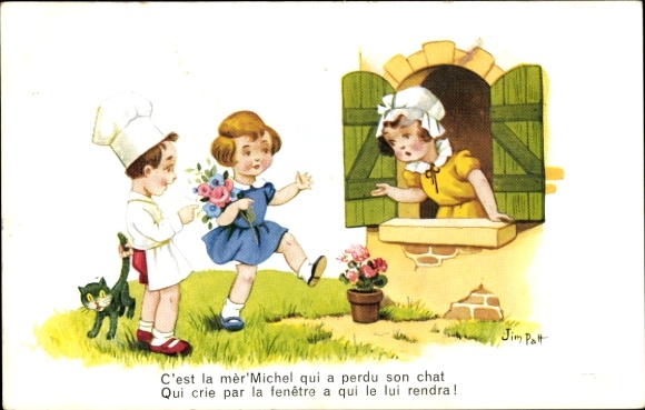 Artist PC Patt, Jim, boy holding cat by the tail, mother at the window