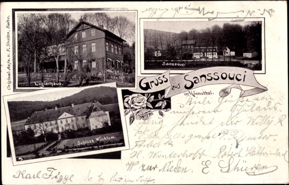 Chromo-Litho Plettenberg in the Märkisches Kreis, Hönnetal, Inn Sanssouci, Logierhaus, Schloss Wocklum