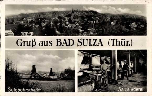 Ak Bad Sulza in Thüringen, Panoramablick auf  Solebohrschacht, Salzsiederei