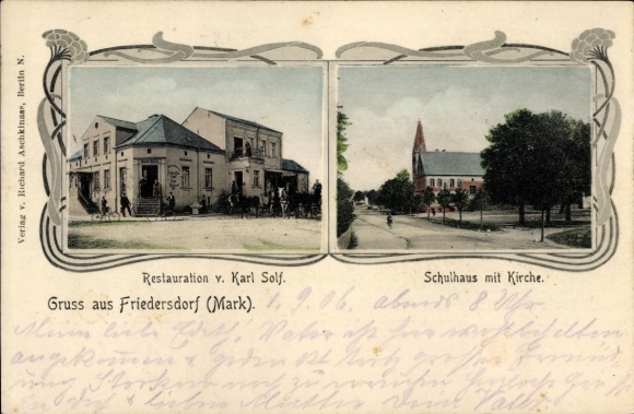 Postcard Friedersdorf in der Mark, restoration by Karl Solf, schoolhouse with church