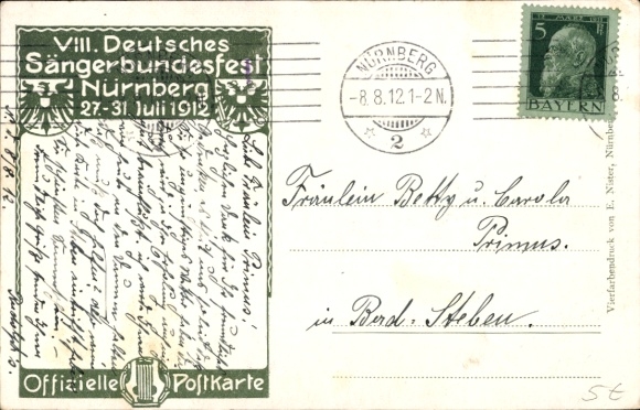 Artist coat of arms PC Nuremberg in Middle Franconia, 50th anniversary of the German Singers' Association 1912