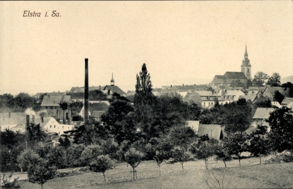 Postcard Elstra in Upper Lusatia Saxony, town view with church, factory, houses, trees