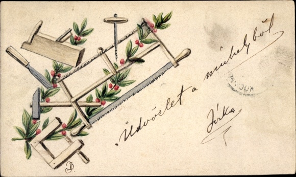 Postcard tools of the carpenters, carpentry
