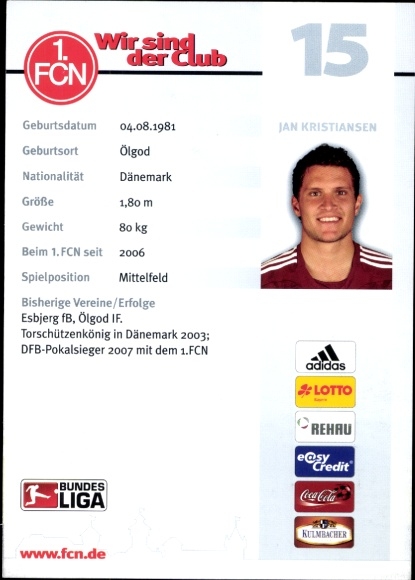 Autograph card footballer Jan Kristiansen, 1. FC Nuremberg, autograph