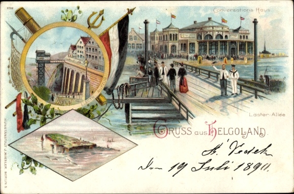 Chromo-Litho North Sea island Heligoland, Alley of Gossip, Conversation House, Elevator