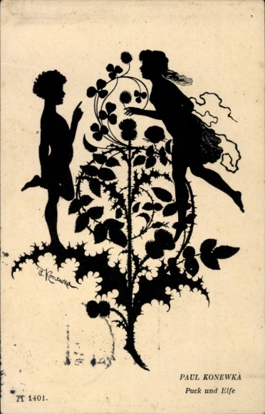 Paper cutting artist Postcard Konewka, Paul, Puck and Else, Midsummer Night's Dream