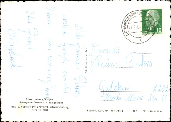 Postcard Schwarzenberg in the Ore Mountains of Saxony, partial view, in the background Beierfeld and Spiegelwand