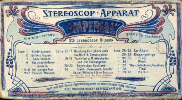 Imperial stereo advertising viewer Stereoscope NPG with 46 stereo photographs around 1900