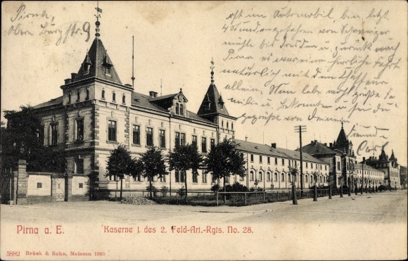 Postcard Pirna an der Elbe, barracks I of the 2nd field artillery regiment no. 28
